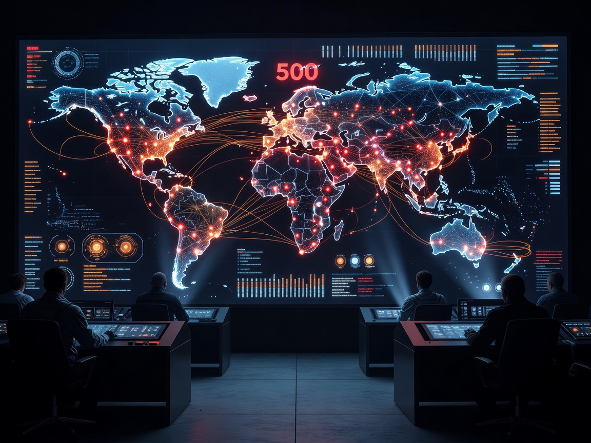 Cybersecurity command center dashboard with global threat mapping