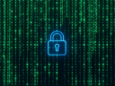 Digital lock icon over binary code matrix