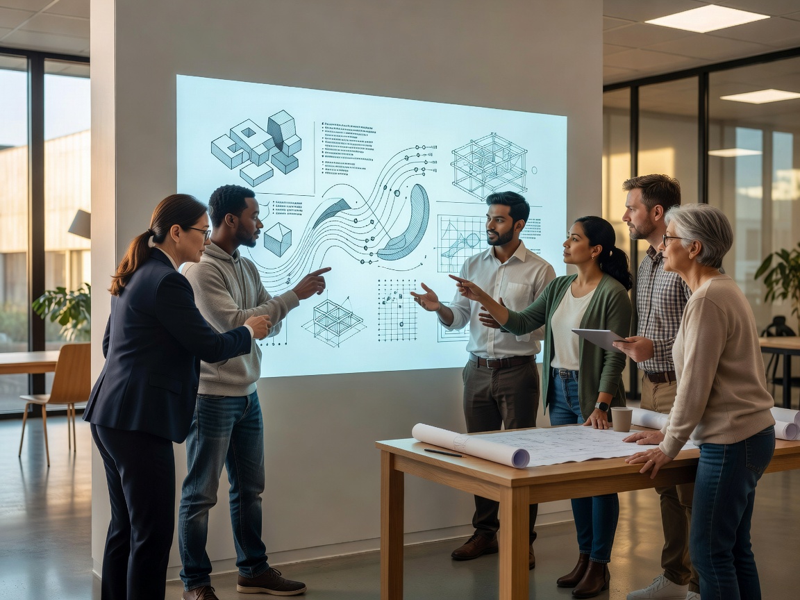 Engineers collaborating over architectural diagrams on a digital whiteboard