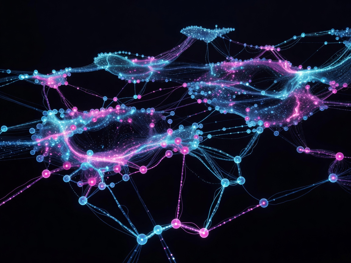 Nodes of a deep learning model interacting on a dark background