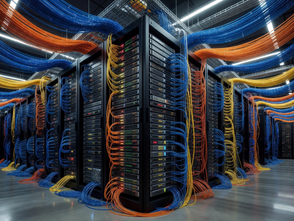 Wide angle view of server racks connected by fiber optic cables